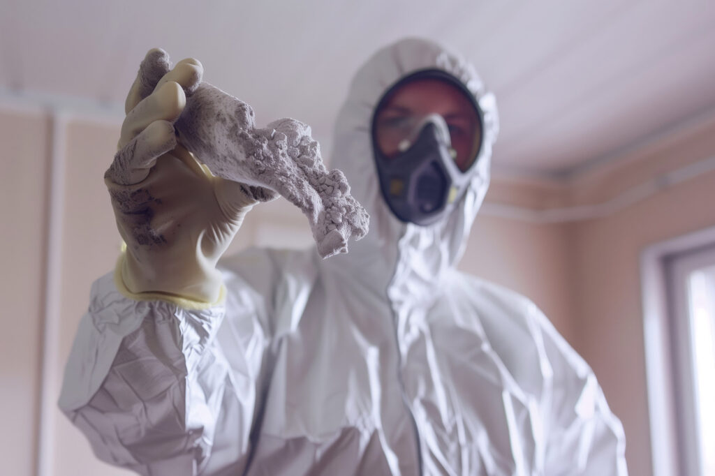 Asbestverwijderaar in beschermend pak en masker toont een stuk asbest